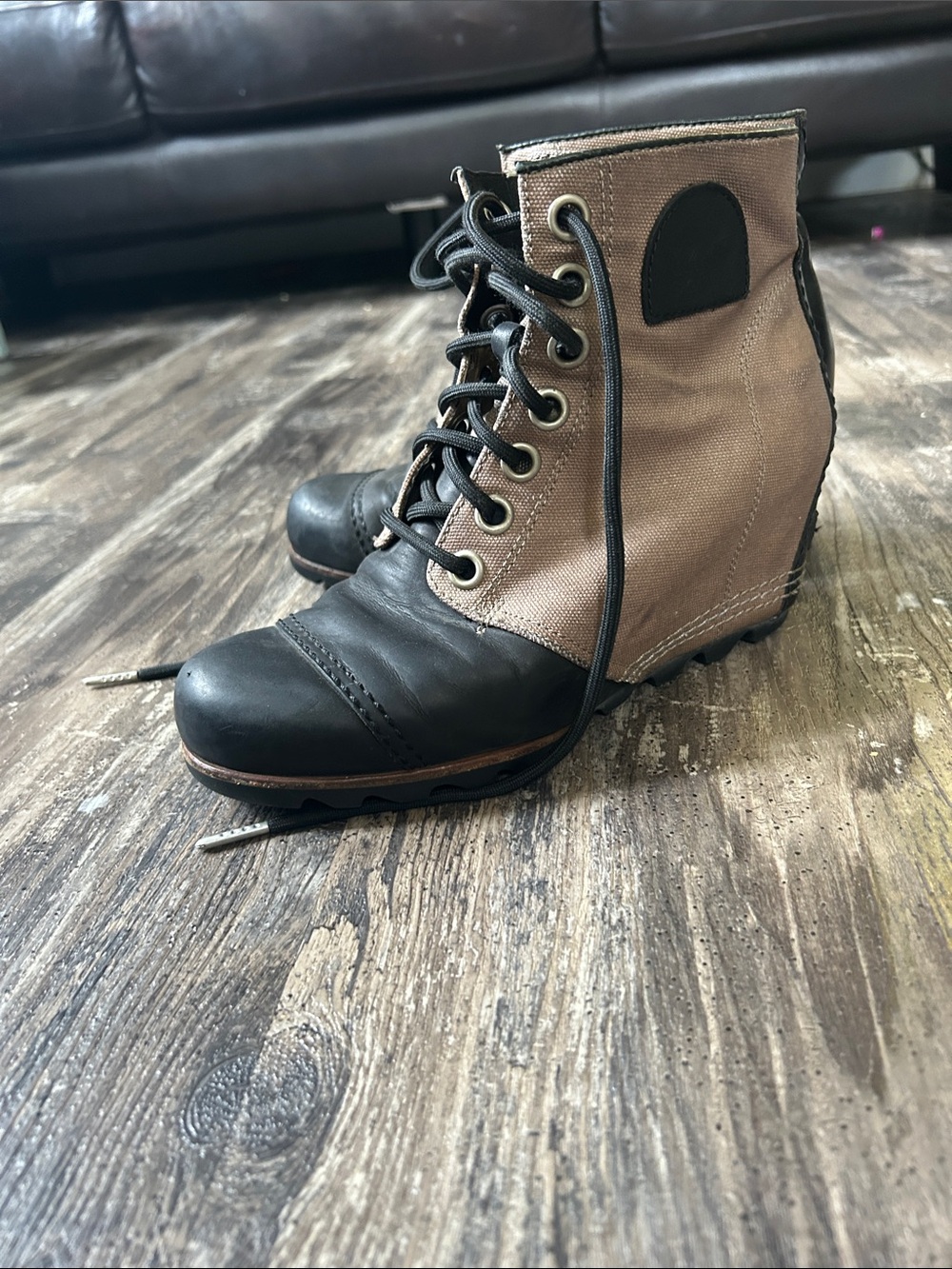Sorel Black and Tan Lace-Up Wedge Ankle Boots